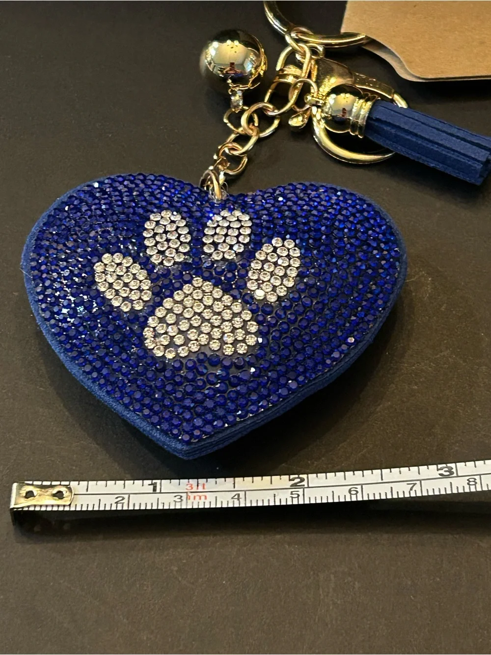 PREMIUM Puffy Blue Heart Paw 🐾 Padded Crystal Bag Charm Keychain w/Gold Clasps